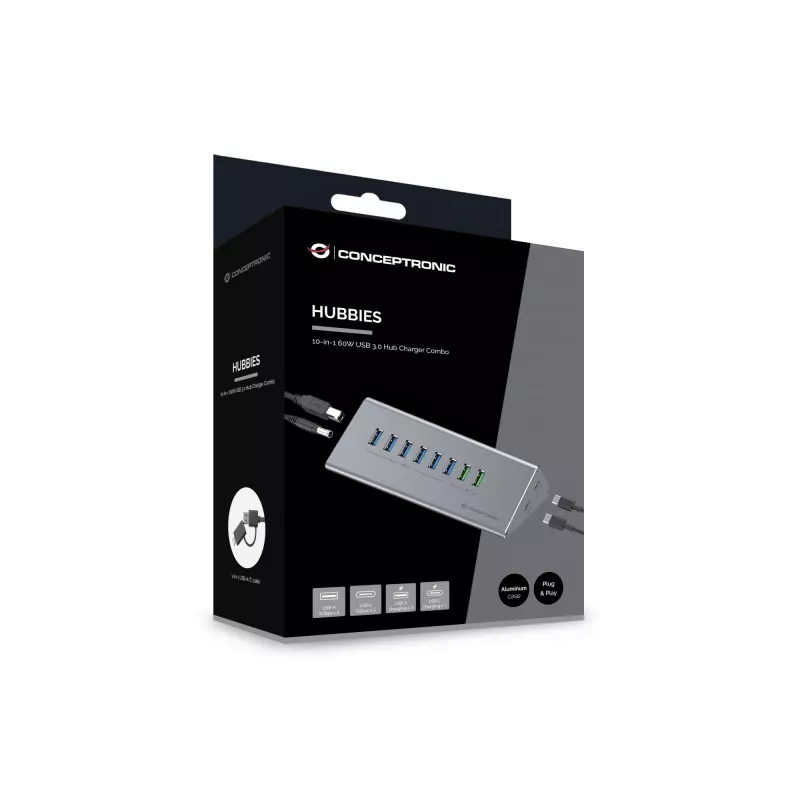 Conceptronic HUBBIES18G 10-in-1 60W USB 3.0 jaotur-laadija komplekt, 2-in-1 USB-C USB-A kaabel, USB 3.2 Gen 1