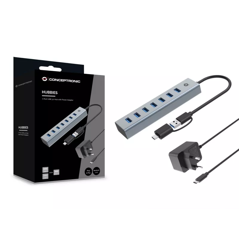 Conceptronic HUBBIES21GP 7-pordiline USB 3.0 jaotur toiteadapteriga, 5 Gbps, 7× USB-A