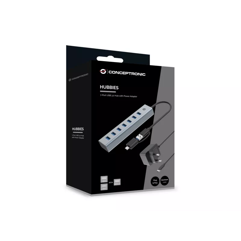 Conceptronic HUBBIES21GP 7-pordiline USB 3.0 jaotur toiteadapteriga, 5 Gbps, 7× USB-A