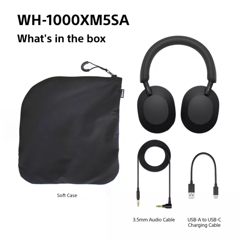 Sony WH-1000XM5SA kõrvaklapid juhtmega ja juhtmevaba ühendusega, peapael, muusika, USB Type-C, Bluetooth, must