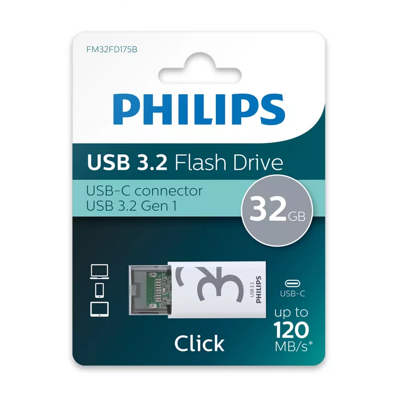 Philips Click USB-mälupulk 32 GB USB USB-C 3.2 Gen 1 (3.1 Gen 1) Läbipaistev, Valge