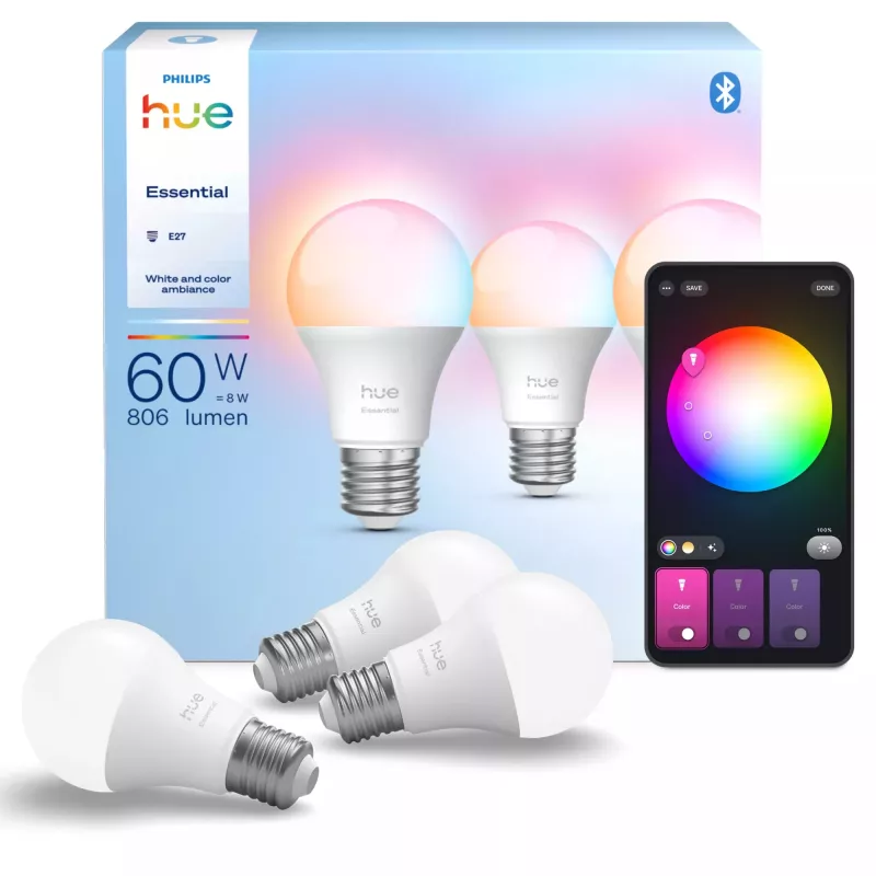 Philips Hue valge ja värvilise valguse Essential A60 – E27 nutipirn – 806 lm – 8 W – 3-pakk