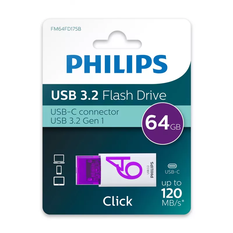 Philips Click USB-mälupulk 64 GB USB USB-C 3.2 Gen 1 (3.1 Gen 1) Violetne, Valge