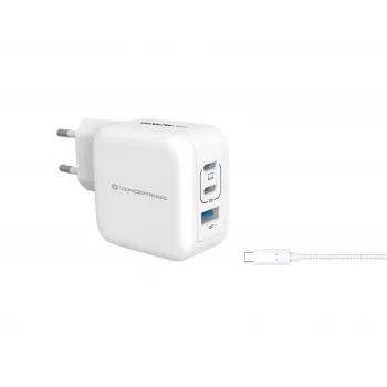 Conceptronic 3-pordiline 67 W GaN USB PD laadija koos USB-C laadimiskaabliga, USB-C x 2, USB-A x 1, QC 3.0, PPS