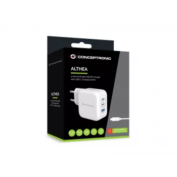 Conceptronic 3-pordiline 67 W GaN USB PD laadija koos USB-C laadimiskaabliga, USB-C x 2, USB-A x 1, QC 3.0, PPS