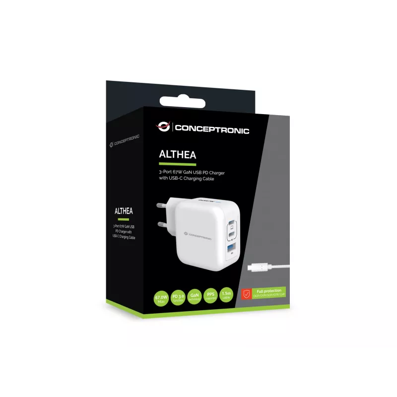 Conceptronic 3-pordiline 67 W GaN USB PD laadija koos USB-C laadimiskaabliga, USB-C x 2, USB-A x 1, QC 3.0, PPS