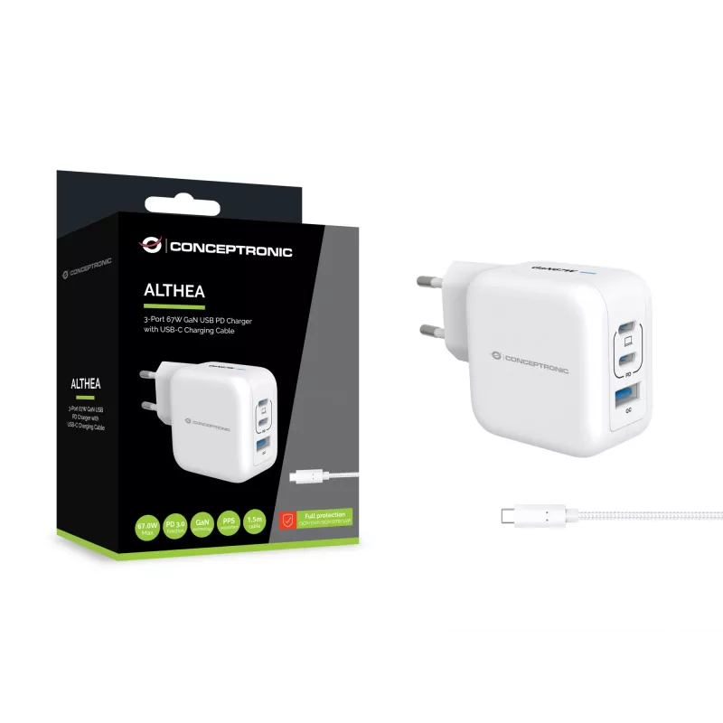 Conceptronic 3-pordiline 67 W GaN USB PD laadija koos USB-C laadimiskaabliga, USB-C x 2, USB-A x 1, QC 3.0, PPS