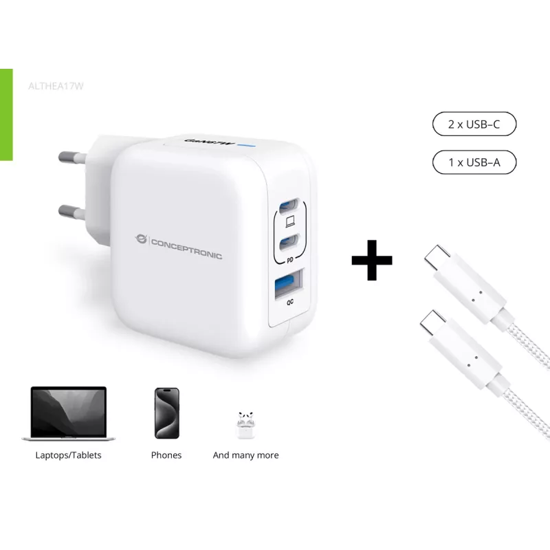 Conceptronic 3-pordiline 67 W GaN USB PD laadija koos USB-C laadimiskaabliga, USB-C x 2, USB-A x 1, QC 3.0, PPS