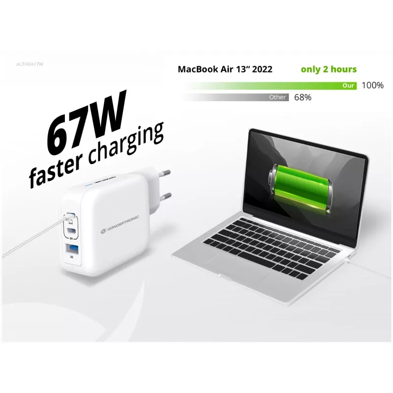 Conceptronic 3-pordiline 67 W GaN USB PD laadija koos USB-C laadimiskaabliga, USB-C x 2, USB-A x 1, QC 3.0, PPS
