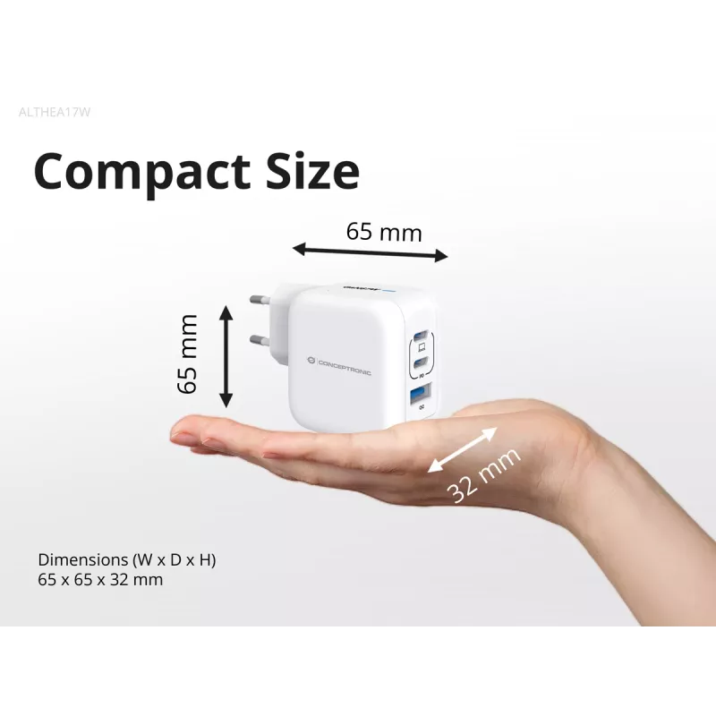 Conceptronic 3-pordiline 67 W GaN USB PD laadija koos USB-C laadimiskaabliga, USB-C x 2, USB-A x 1, QC 3.0, PPS