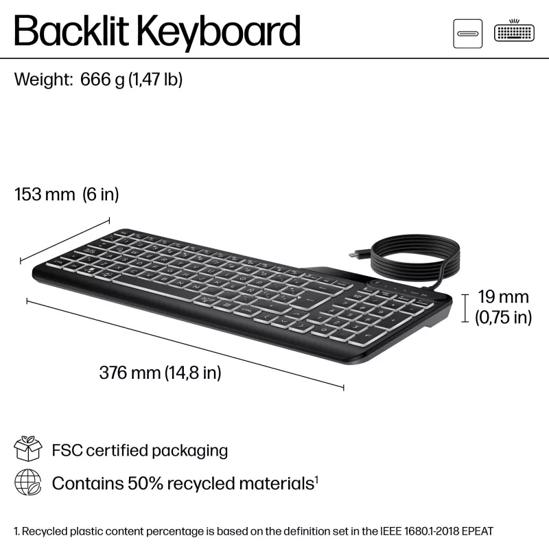 HP 400 Tagantvalgustatud Juhtmega Klaviatuur Täissuuruses USB Must