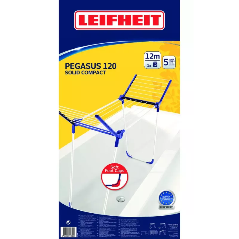 Põrandal seisev riidekuivatusrest Leifheit Pegasus 120 Solid Compact, kokkupandav metallist/plastikust, 12 m kuivatuspinda, 920×440×1490 mm