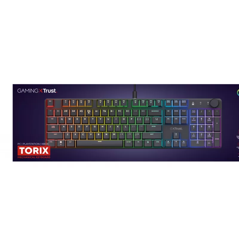 Mehaaniline mänguriklaviatuur TRUST GXT 866 TORIX USB täissuuruses 104-klahviga QWERTY must RGB-valgustusega