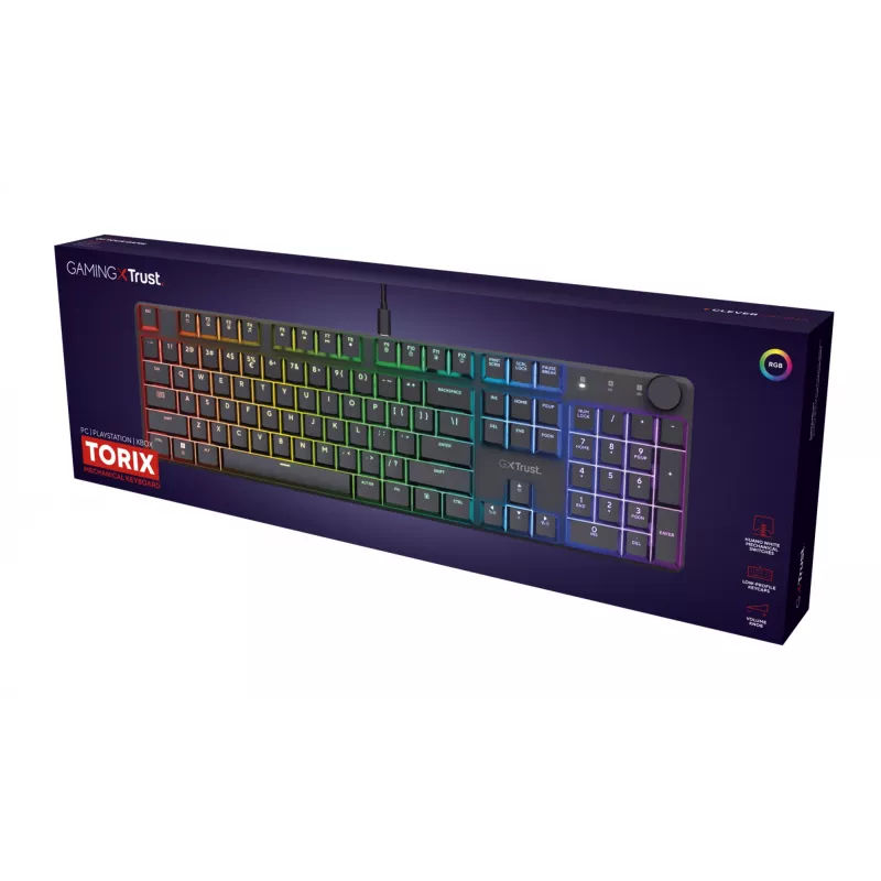 Mehaaniline mänguriklaviatuur TRUST GXT 866 TORIX USB täissuuruses 104-klahviga QWERTY must RGB-valgustusega