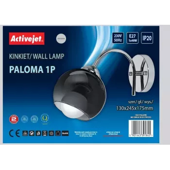 Seinalamp ActiveJet AJE-PALOMA 1P — ühe pirniga E27 seinavalgusti, 1×40 W, hõbedane musta klaasiga