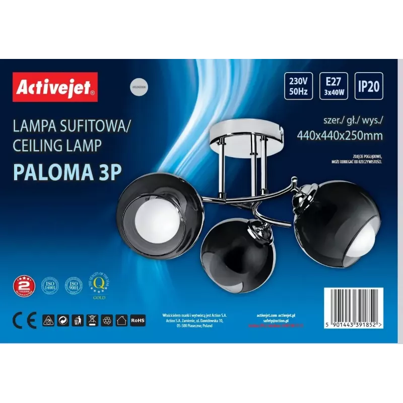 Rippvalgusti ActiveJet AJE-PALOMA 3P E27, 3×40W, laevent, hõbedane, IP20, 440×250 mm