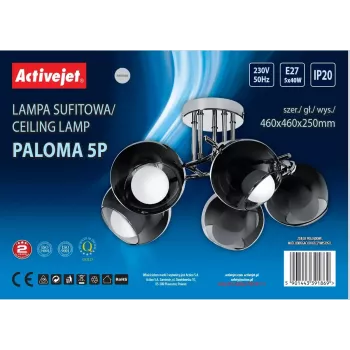 Ripplamp ActiveJet AJE-PALOMA 5P, 5×E27 40W, hõbedane raam, must klaas, IP20, 460×250×460 mm
