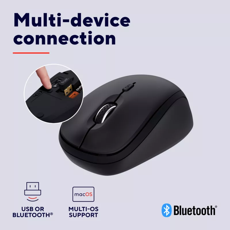 Trust Yvi+ hiir, universaalne, mõlemakäeline, RF-juhtmevaba + Bluetooth, optiline, 1600 DPI
