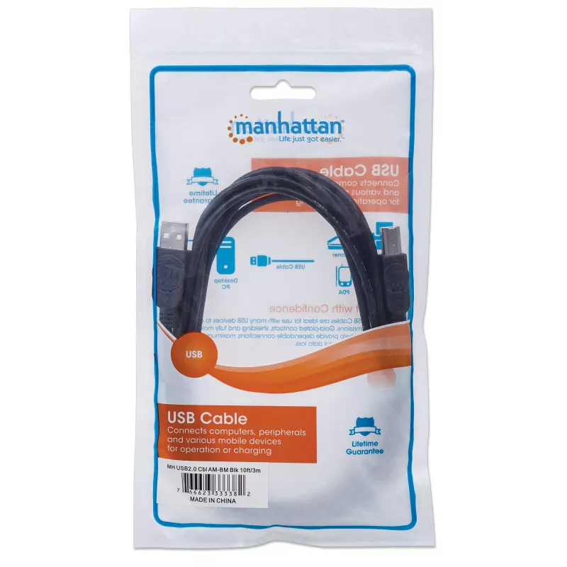 Manhattani USB-A–USB-B kaabel, 3 m, isane–isane, 480 Mbit/s (USB 2.0), Hi-Speed USB, must, eluaegne garantii, samaväärne USB2HAB3M-ga.