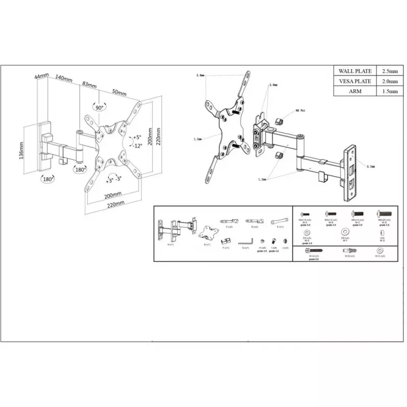 Manhattan Seinakinnitus teleritele ja monitoridele (täisliikuvusega), Ekraanidele 13 inch kuni 42 inch, VESA ühilduvus: kõik vahemikus 75x75mm kuni 200x200mm – kontrolli nelja kinnitusaugu mõõtmeid ekraani tagaküljel, et tagada sobivus, Max 20kg, Must, Kinnitusklamber