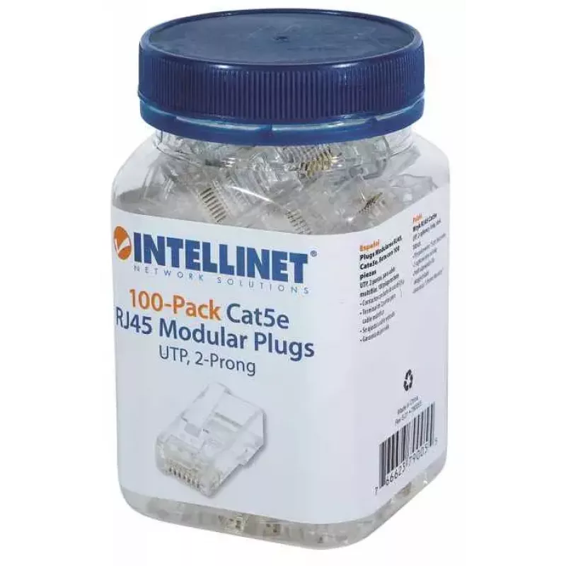 Intellinet RJ45 modulaarpistikud, Cat5e, UTP, 2-kontaktiga, keerutatud juhtmele, 15 µ kullatud kontaktid, 100 tk pakend