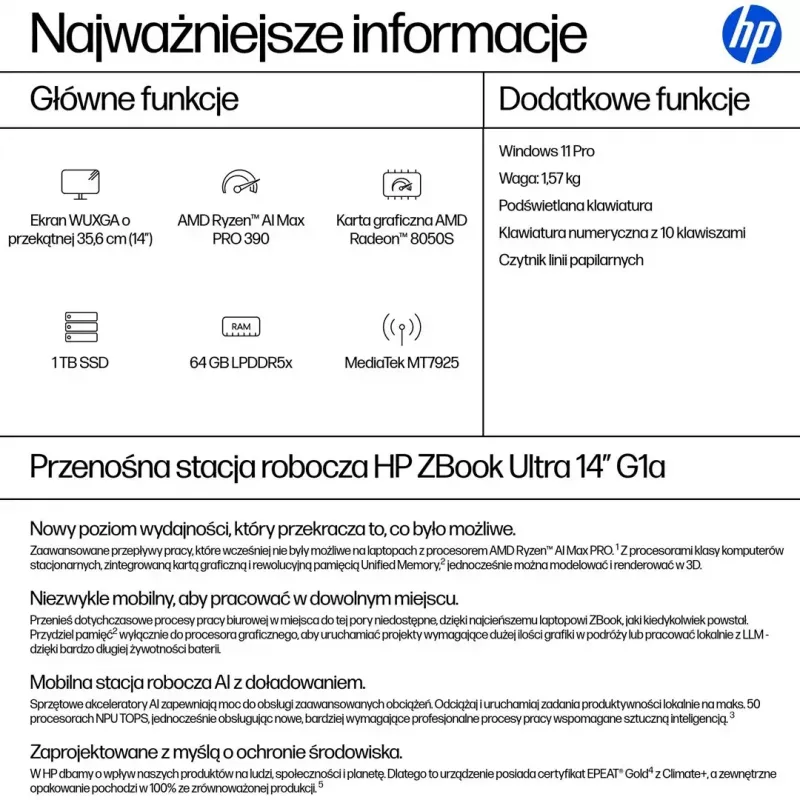 Mobiilne tööjaam HP ZBook Ultra 14 G1a — 14,0-tolline WUXGA IPS 400 niti, AMD Ryzen AI Max PRO 390, 64 GB LPDDR5x-8533, 1 TB SSD, Radeon 8050S