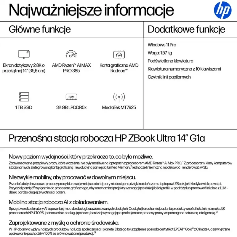 Mobiilne tööjaam HP ZBook Ultra 14 G1a Ryzen AI Max PRO 390 — 14.0-tolline 2.8K puutetundlik OLED, 32GB LPDDR5x-8533, 1TB SSD, Radeon 8050S