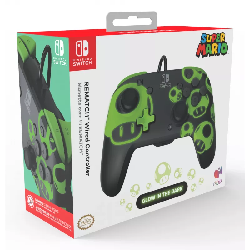 Mängupult PDP REMATCH juhtmega kontroller 1-Up hõõguv pimeduses Nintendo Switchile, USB, 3 m kaabel, D-pad, Kodu nupp, must/roheline
