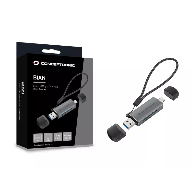 Conceptronic BIAN05G 2-in-1 USB 3.0 Dual Plug Card Reader, SD/MicroSD 3.0, UHS-I