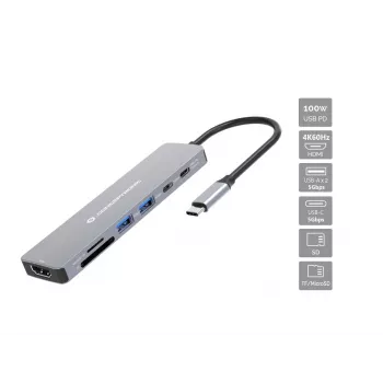 Conceptronic DONN28G 7-in-1 USB 3.2 Gen 1 dokkimisjaam, 4K60Hz HDMI, USB-A 5Gbps x 2, USB-C 5Gbps, SD, TF/MicroSD, 100W USB PD