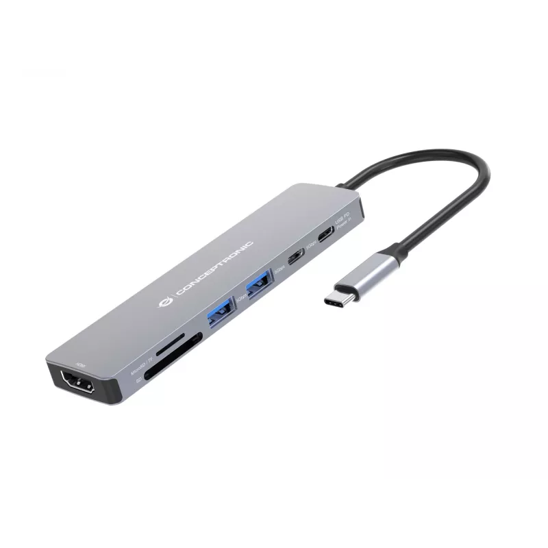 Conceptronic DONN28G 7-in-1 USB 3.2 Gen 1 dokkimisjaam, 4K60Hz HDMI, USB-A 5Gbps x 2, USB-C 5Gbps, SD, TF/MicroSD, 100W USB PD