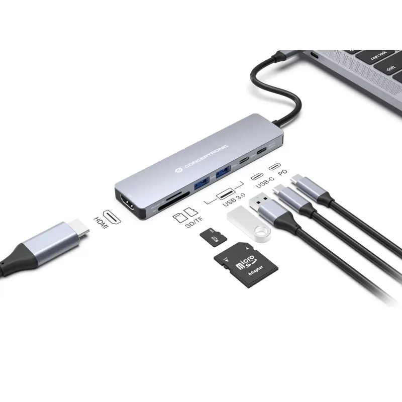 Conceptronic DONN28G 7-in-1 USB 3.2 Gen 1 dokkimisjaam, 4K60Hz HDMI, USB-A 5Gbps x 2, USB-C 5Gbps, SD, TF/MicroSD, 100W USB PD