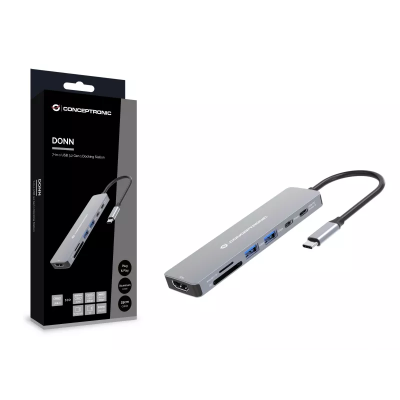Conceptronic DONN28G 7-in-1 USB 3.2 Gen 1 dokkimisjaam, 4K60Hz HDMI, USB-A 5Gbps x 2, USB-C 5Gbps, SD, TF/MicroSD, 100W USB PD