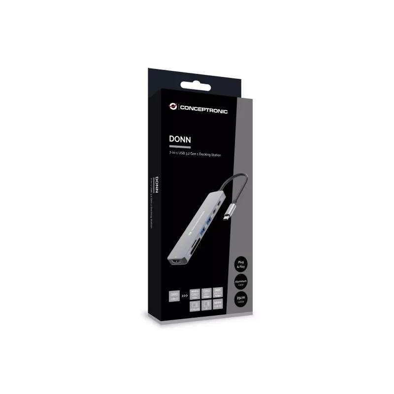 Conceptronic DONN28G 7-in-1 USB 3.2 Gen 1 dokkimisjaam, 4K60Hz HDMI, USB-A 5Gbps x 2, USB-C 5Gbps, SD, TF/MicroSD, 100W USB PD