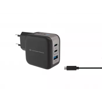 Conceptronic 3-pordiline 67 W GaN USB PD laadija koos USB-C laadimiskaabliga, USB-C x 2, USB-A x 1, QC 3.0, PPS