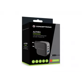 Conceptronic 3-pordiline 67 W GaN USB PD laadija koos USB-C laadimiskaabliga, USB-C x 2, USB-A x 1, QC 3.0, PPS