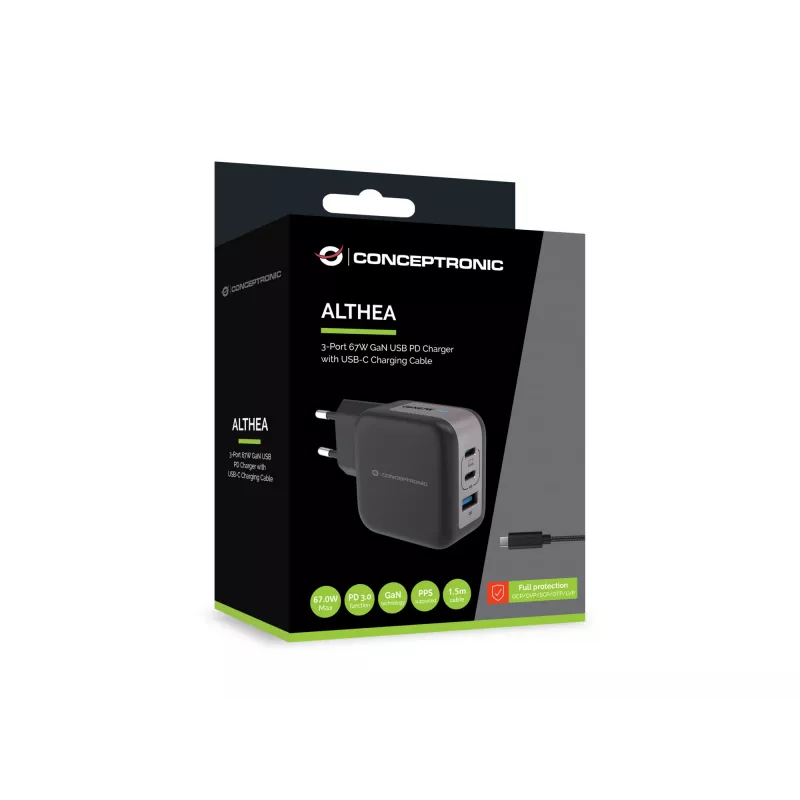 Conceptronic 3-pordiline 67 W GaN USB PD laadija koos USB-C laadimiskaabliga, USB-C x 2, USB-A x 1, QC 3.0, PPS