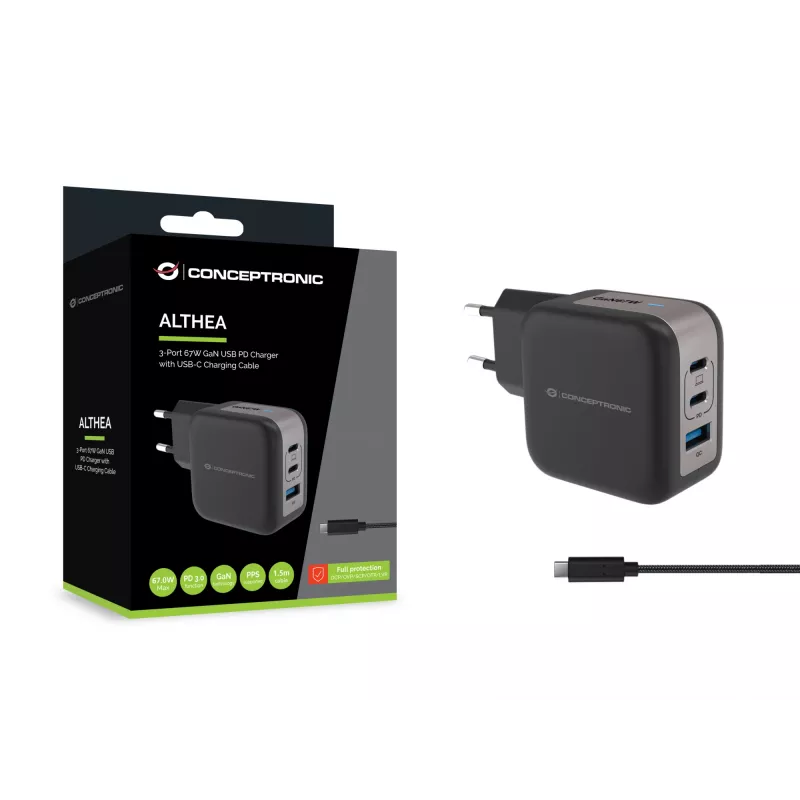 Conceptronic 3-pordiline 67 W GaN USB PD laadija koos USB-C laadimiskaabliga, USB-C x 2, USB-A x 1, QC 3.0, PPS