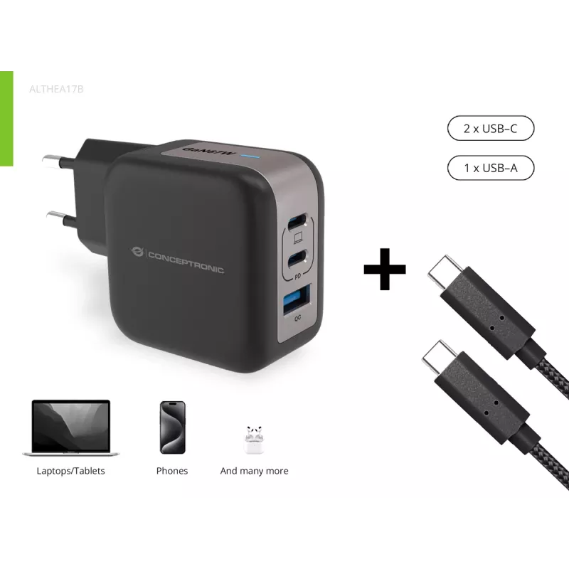 Conceptronic 3-pordiline 67 W GaN USB PD laadija koos USB-C laadimiskaabliga, USB-C x 2, USB-A x 1, QC 3.0, PPS
