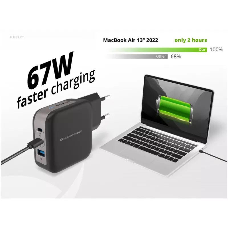Conceptronic 3-pordiline 67 W GaN USB PD laadija koos USB-C laadimiskaabliga, USB-C x 2, USB-A x 1, QC 3.0, PPS