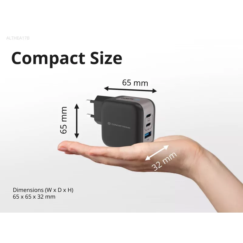 Conceptronic 3-pordiline 67 W GaN USB PD laadija koos USB-C laadimiskaabliga, USB-C x 2, USB-A x 1, QC 3.0, PPS