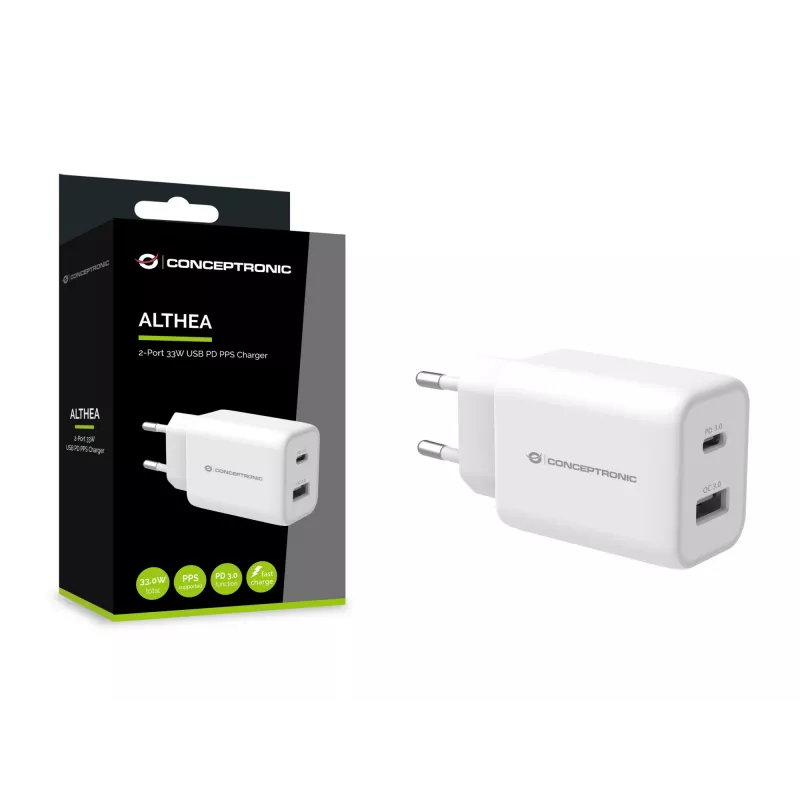 Conceptronic ALTHEA 2-pordiline 33W USB PD PPS laadija, QC 3.0