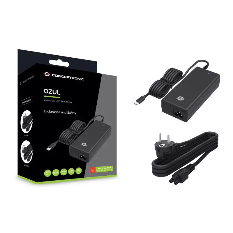 Conceptronic OZUL03BE 100W GaN laua USB PD laadija, universaalne, siseruumides, 100–240 V, 50–60 Hz, 100 W, 5–20 V