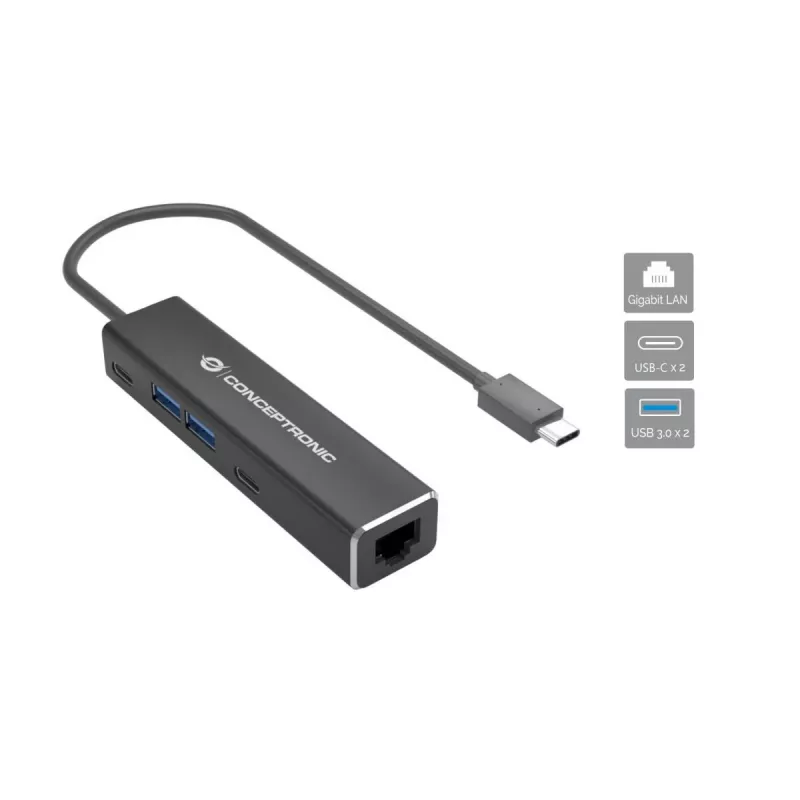 Conceptronic ABBY13B Gigabit Ethernet USB 3.2 Gen 1 adapter USB-jaoturiga, GbE, USB-A x 2, USB-C x 2