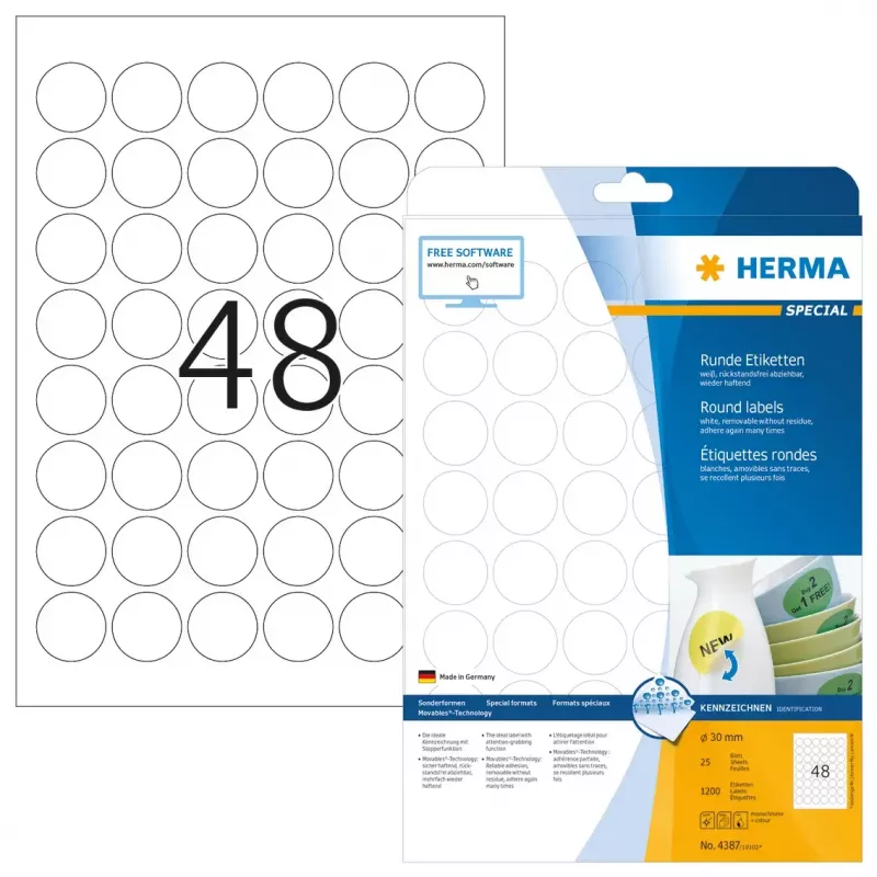 Isekleepuvad sildid HERMA Eemaldatav A4 Ø 30 mm 1200 tk