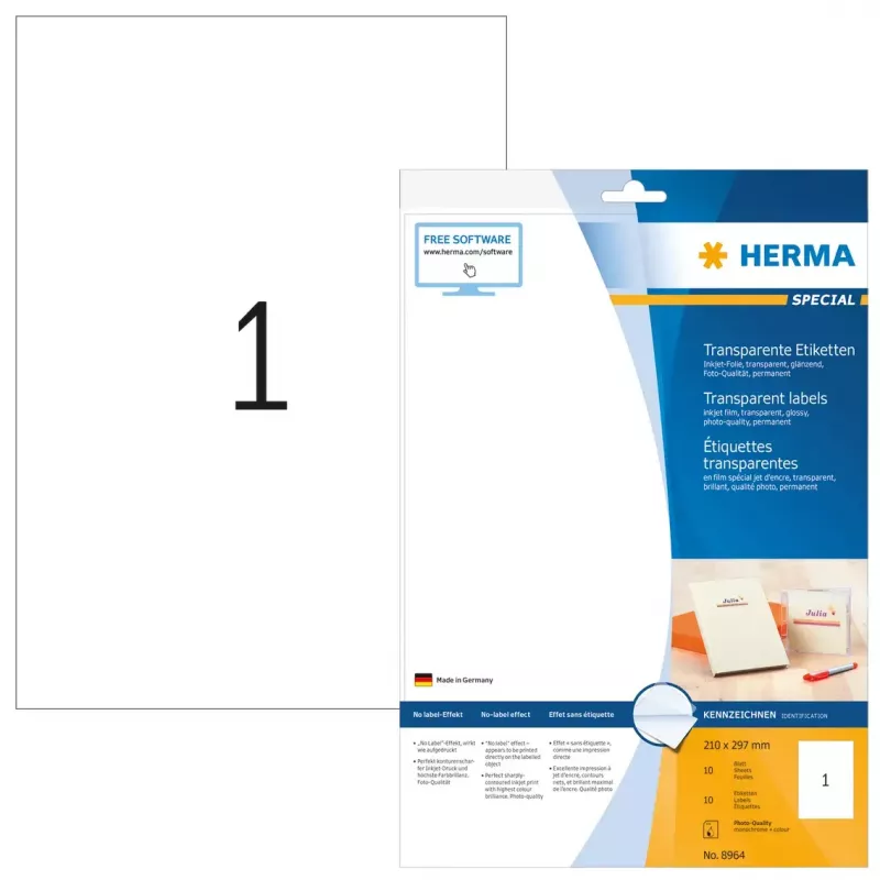 Tindiprinteri kileetikettid HERMA A4 210x297 mm läikiv 10 tk