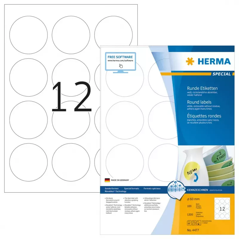Isekleepuv printerisilt HERMA Removable labels A4 Ø 60 mm