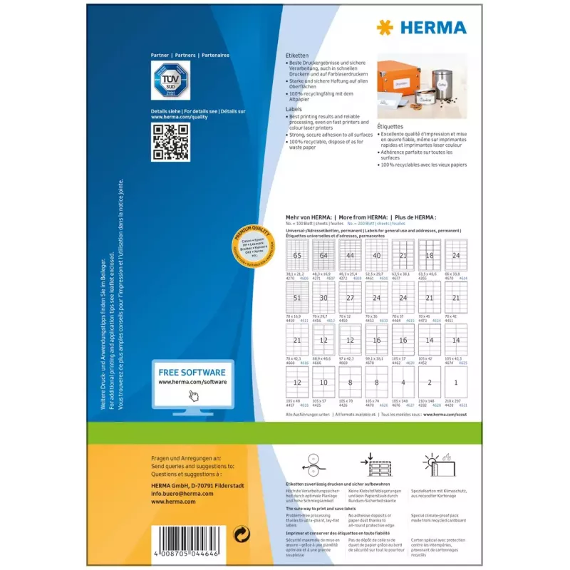 Isekleepuv printerisilt HERMA Labels Premium A4 70x37 mm