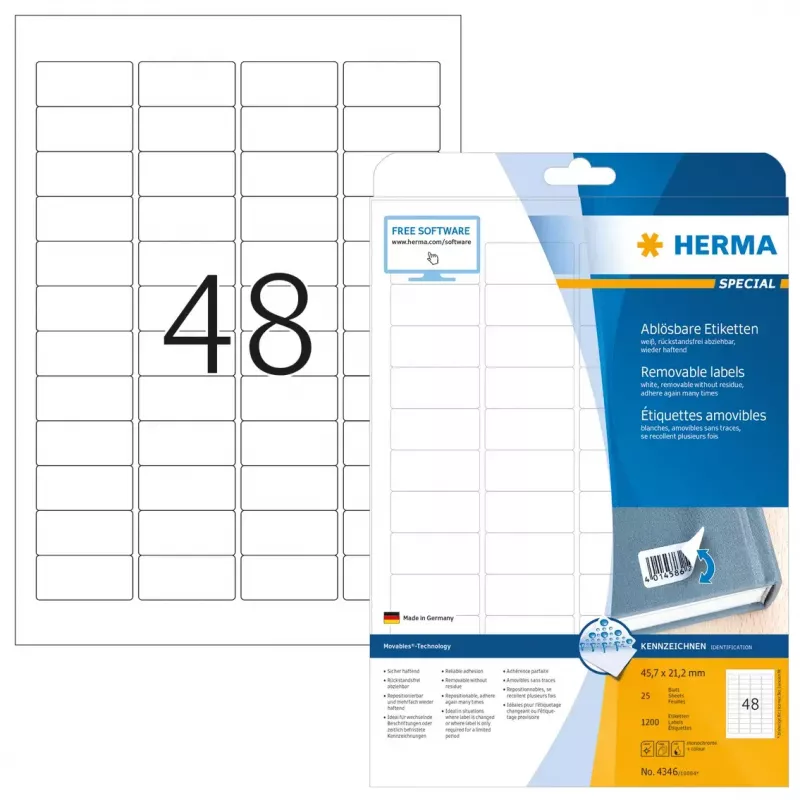 Isekleepuv printerisilt HERMA eemaldatavad sildid A4 45.7x21.2 mm