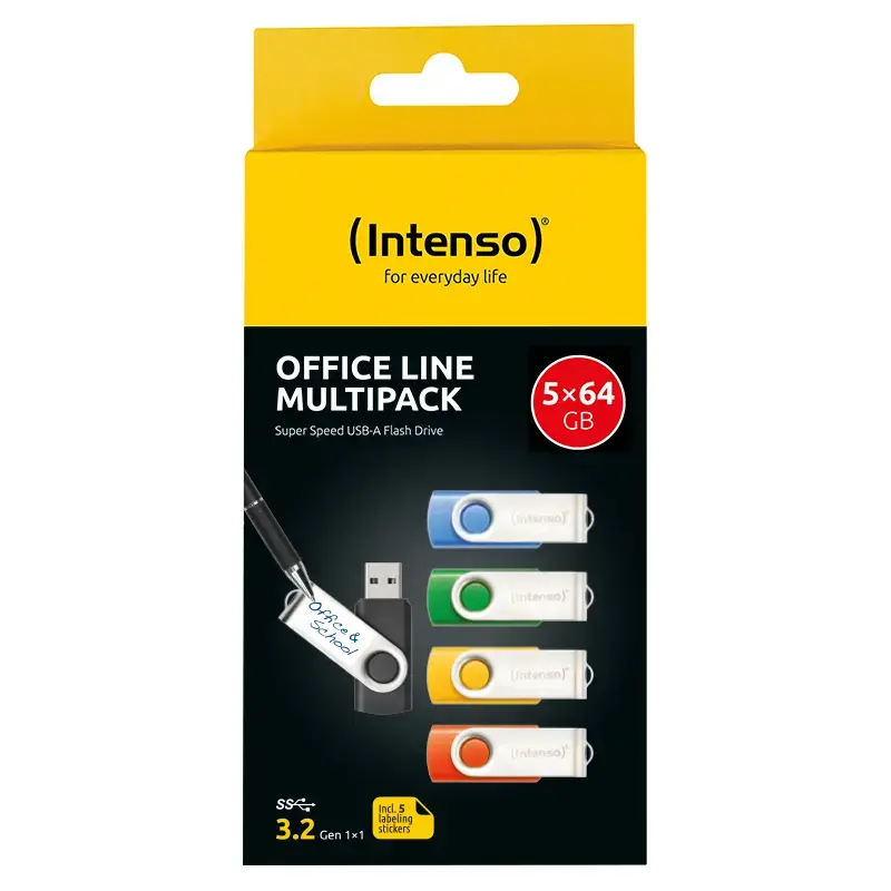 INTENSO Office Line USB-mälupulkade komplekt 5×64 GB, USB-A, USB 3.2 Gen 1, pöördmehhanismiga, mitmevärviline